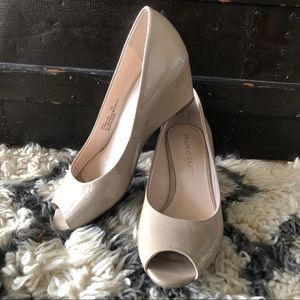 Patent leather look nude peep toe wedges